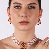 Belle Edge Traditional Pearl & Red Stone Choker Set