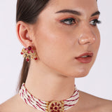Belle Edge Traditional Pearl & Red Stone Choker Set