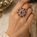 Gold Ruby, Pearl & Kundan Medallion Cocktail Ring