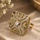 Gold Square Filigree Kundan & Pavé Cocktail Ring