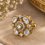 Gold Uncut Kundan & CZ Floral Cluster Cocktail Ring