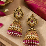 Antique Gold Peacock & Ruby Jhumka Earrings