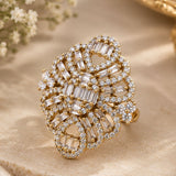Gold Baguette Crystal Floral Statement Ring