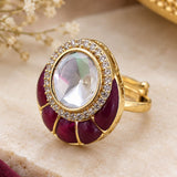 Gold Oval Kundan & Ruby Fluted Cocktail Ring
