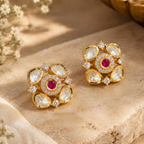 Gold Ruby, Kundan & CZ Floral Cluster Stud Earrings