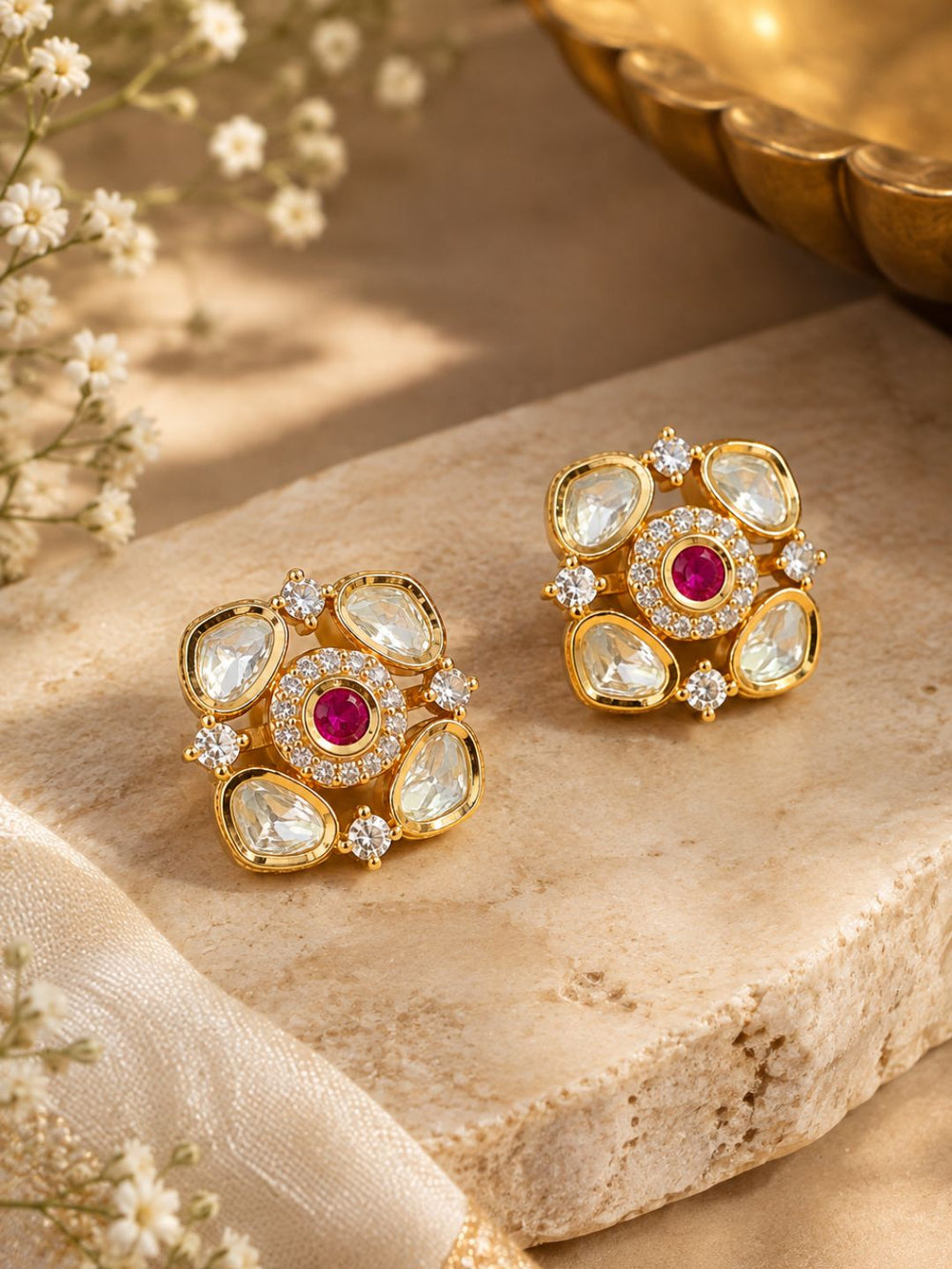 Gold Ruby Kundan Floral Studs