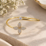 Gold Floral & Solitaire Open Cuff Bangle