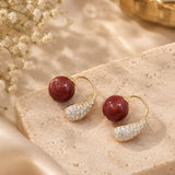 Deep Red Pearl and Pave Crystal Curved Hoop Earrings