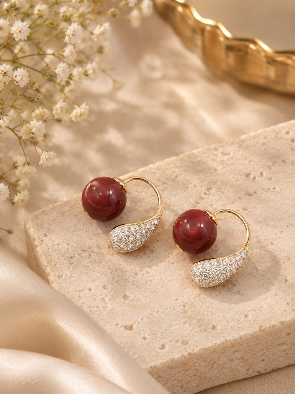 Red Pearl Pavé Hoop Earrings