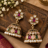 Gold Multi-Gemstone & Pearl Kundan Jhumka Earrings