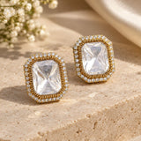 Gold Rectangular Kundan & Micro-Pavé Halo Stud Earrings