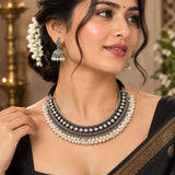 Oxidized Silver Pearl Cluster Hasli & Jhumka Set