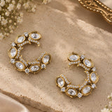 Gold Oval Kundan & Pavé Wave Crescent Stud Earrings