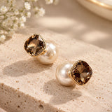 Smokey Quartz Crystal and Champagne Pearl Double-Sided Stud Earrings