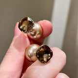 Smokey Quartz Crystal and Champagne Pearl Double-Sided Stud Earrings