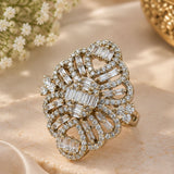 Gold Baguette Crystal Floral Statement Ring