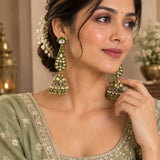 Mehendi Green Kundan Long Jhumka Earrings