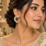 Gold Oval Kundan & Pavé Wave Crescent Stud Earrings