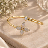Gold Floral & Solitaire Open Cuff Bangle