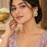 Gold Ruby, Kundan & CZ Floral Cluster Stud Earrings