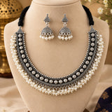 Oxidized Silver Pearl Cluster Hasli & Jhumka Set