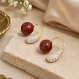 Deep Red Pearl and Pave Crystal Curved Hoop Earrings
