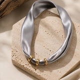 Taupe Satin Fabric Collar Necklace with Gold Ring Accents
