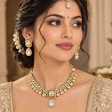 Gold Uncut Kundan & Pear-Drop Necklace Set with Maang Tikka