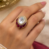 Gold Oval Kundan & Ruby Fluted Cocktail Ring
