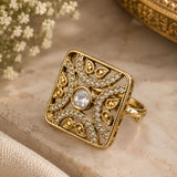 Gold Square Filigree Kundan & Pavé Cocktail Ring