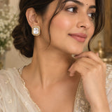 Gold Rectangular Kundan & Micro-Pavé Halo Stud Earrings