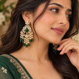 Emerald Green Gem and Pearl Waterfall Statement Earrings