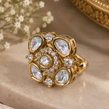 Gold Uncut Kundan & CZ Floral Cluster Cocktail Ring
