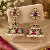 Gold Multi-Gemstone & Pearl Kundan Jhumka Earrings