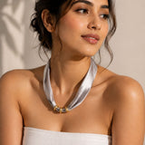 Taupe Satin Fabric Collar Necklace with Gold Ring Accents