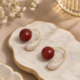 Deep Red Pearl and Pave Crystal Curved Hoop Earrings