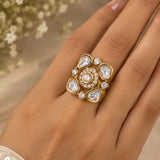 Gold Uncut Kundan & CZ Floral Cluster Cocktail Ring