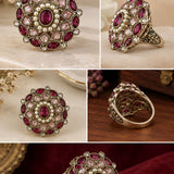Gold Ruby, Pearl & Kundan Medallion Cocktail Ring