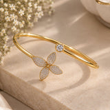 Gold Floral & Solitaire Open Cuff Bangle