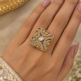 Gold Square Filigree Kundan & Pavé Cocktail Ring
