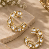 Gold Oval Kundan & Pavé Wave Crescent Stud Earrings