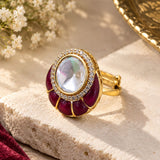 Gold Oval Kundan & Ruby Fluted Cocktail Ring