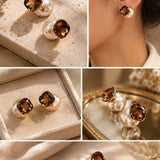 Smokey Quartz Crystal and Champagne Pearl Double-Sided Stud Earrings