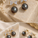 Crystal Bow and Tahitian Pearl Drop Earrings