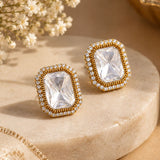 Gold Rectangular Kundan & Micro-Pavé Halo Stud Earrings