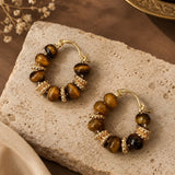 Tiger's Eye Beaded Gold Hoop Earrings