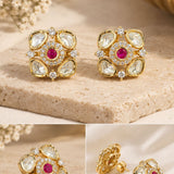 Gold Ruby, Kundan & CZ Floral Cluster Stud Earrings