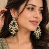 Emerald Green Gem and Pearl Waterfall Statement Earrings